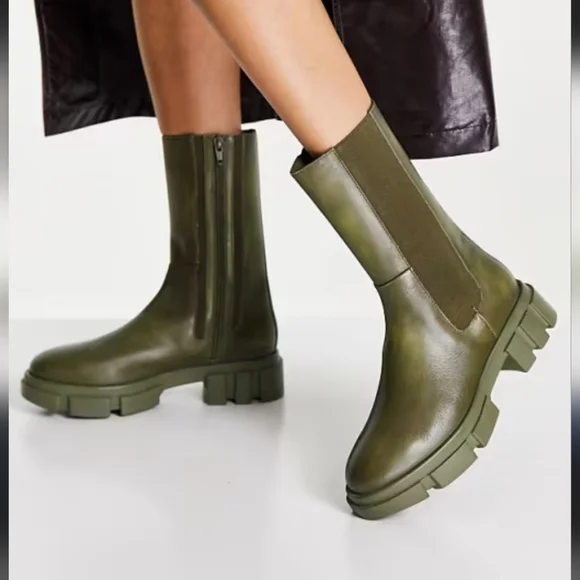 new!FREE PEOPLE olive green soft leather combat boot lug sole zipper elastic lux - Picture 17 of 17